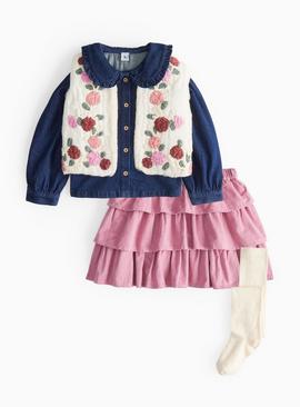 Denim Blouse With Gilet And Rara Skirt 4-Piece Set