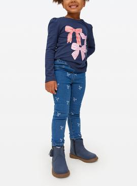 Blue Denim Bow Printed Jeggings