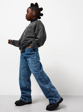 Mid Washed Denim Studded Wide Leg Jeans