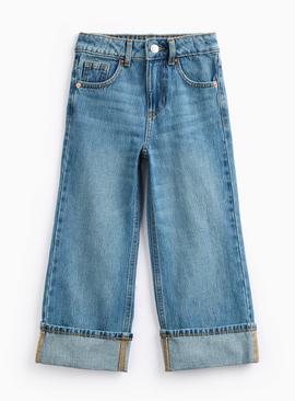 Blue Denim Wide Turn Up Hem Jeans