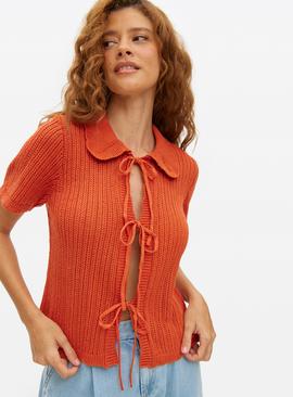 Pointelle Cropped Tie Front Cardigan