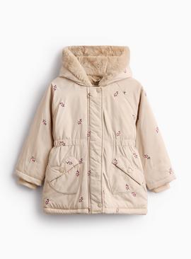 Flower Embroidered Parka Coat