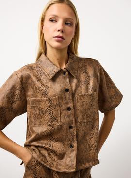 Brown Snake Printed Faux Leather Co-ord Shirt