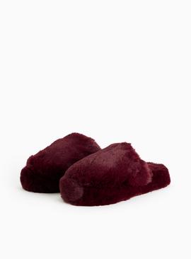 Burgundy Plush Faux Fur Mule Slippers
