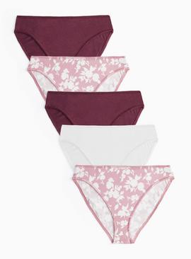 Burgundy Floral Cotton Blend High Leg Knickers 5 Pack