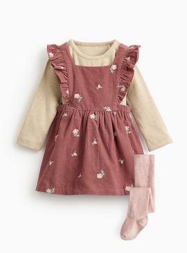 Pink Floral Embroidery Corduroy Pinafore Dress & Tights Set