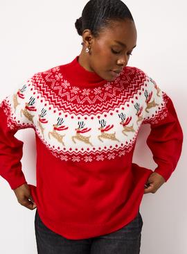 Matching Family Women's Red Christmas Reindeer Fairisle Jumper