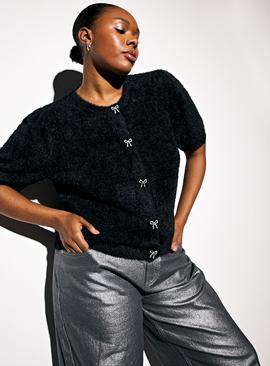 Fluffy Eyelash Bling Button Short Sleeve Cardigan