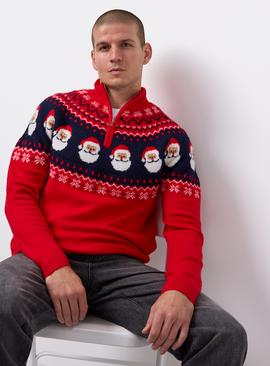 Matching Family Men's Red Christmas Santa Fairisle Quarter Zip Jumper