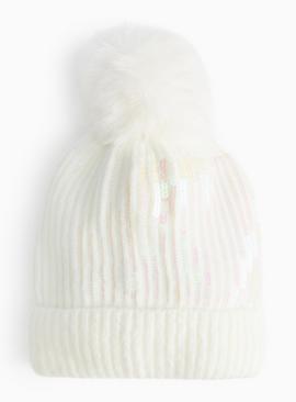 Cream Cable Knit Sequin Beanie