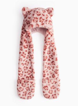 Pink Leopard Printed Faux Fur Hooded Scarf