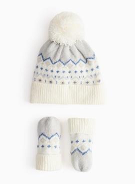 Fairisle Knitted Pom Pom Hat & Mittens Set