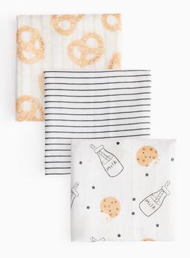 Milk And Cookies Printed Muslin Cloths 3 Pack One Size