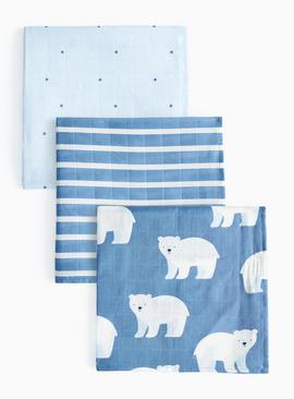 Polar Bear Printed Blue Muslin Cloths 3 Pack One Size