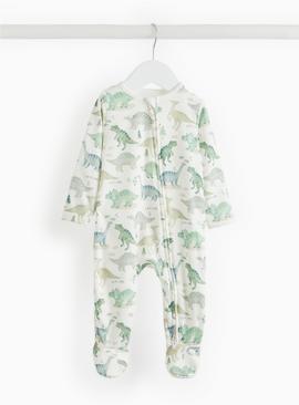 Cream With Green Dino Print Fleece Lined Sleepsuit