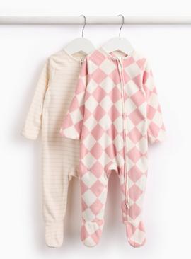 Pink Harlequin And Striped Fleece Sleepsuit 2 Pack