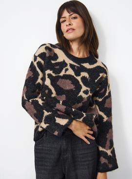 Brown Animal Print Brushed Knit Jumper
