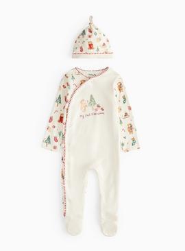 My First Christmas Slogan Cream Sleepsuit & Hat  9-12 months