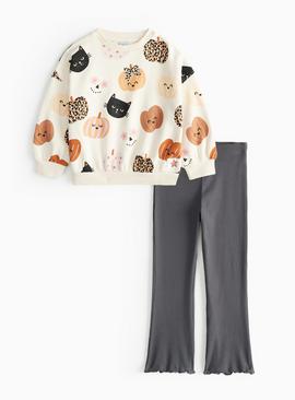 Halloween Pumpkin Print Sweatshirt & Flared Leggings