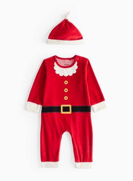 Unisex Christmas Santa Velour Novelty Sleepsuit & Hat