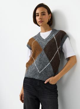 Grey Argyle V Neck Boxy Knitted Tank