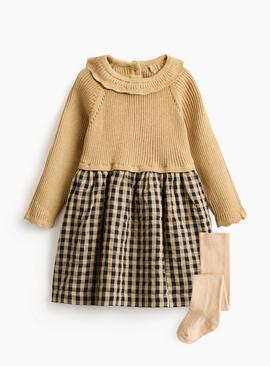 Beige Knitted Combined Check Print Dress & Tights