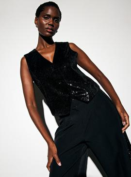 Black Sequin Embellished Sleeveless Waistcoat