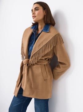 Tan Belted Fringed Jacket
