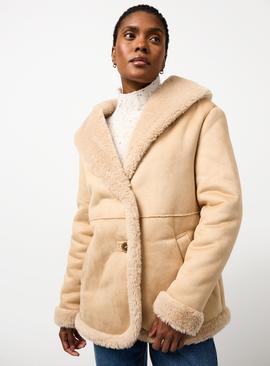 Beige Faux Shearling Shawl Collar Jacket