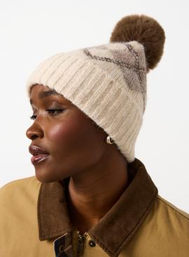 Oatmeal Argyle Knitted Beanie One Size