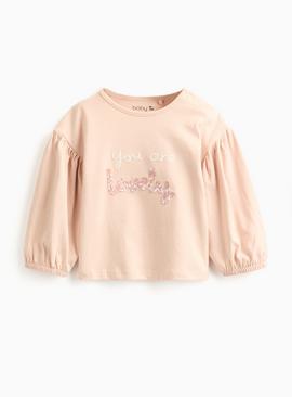 Pink Lovely Embroidered Slogan Long Sleeve Top