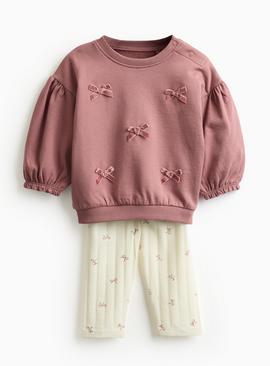 Pink Bow Tie Sweatshirt & Leggings Set
