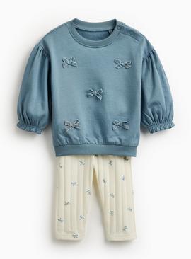Blue Bow Embroidered Sweatshirt & Printed Leggings