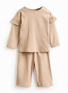 Brown Frill Detail Ribbed Set