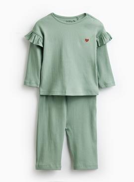 Green Frill Ribbed Two Piece Set