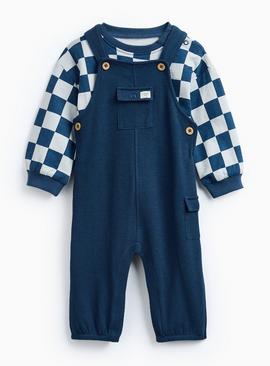 Navy Chequered Sweatshirt & Ribbed Knit Dungarees Set
