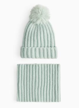 Green Ribbed Knitted Beanie Hat & Snood Set