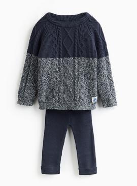 Navy Colour Block Cable Knitted Jumper & Leggings Set