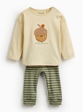 Acorn Embroidered Top & Khaki Striped Ribbed Leggings