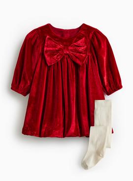 Christmas Red Bow Velour Dress & Tights Set