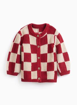 Red Chequered Knitted Cardigan