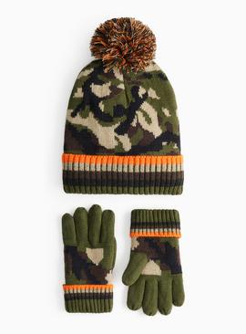 Camo Knitted Hat & Gloves Set