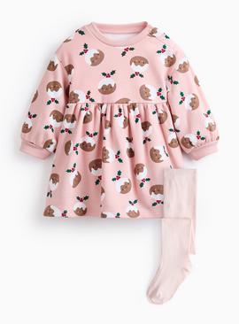 Pink Christmas Pudding Printed Sweatshirt Dress & Tights