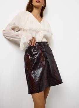 Dark Red Snake Printed Vinyl Mini Skirt