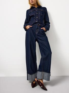 Dark Rinse Denim Sparkle Wide Leg Baggy Turn Up Jeans