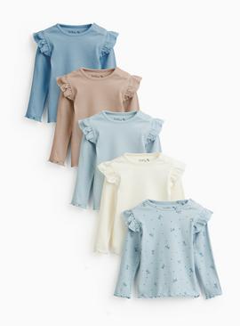 Blue Ribbed Long Sleeve Frill sleeve Tops 5