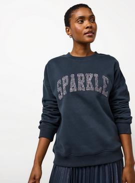 Navy Sparkle Slogan Relaxed Crew Sweatshirt