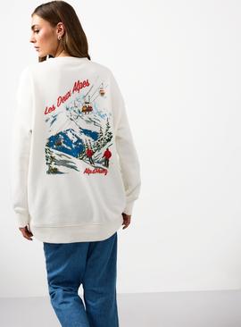 Cream Ski Graphic Oversized Crew Sweatshirt
