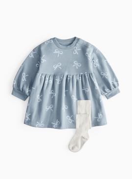 Blue Bow Printed Sweatshirt Dress & Tights
