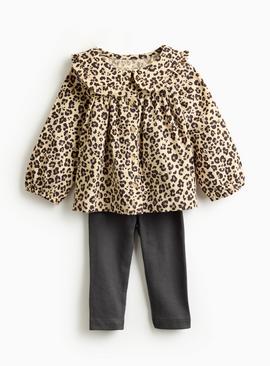 Leopard Printed Corduroy Top & Grey Leggings Set